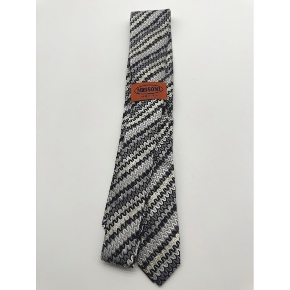 Missoni Men 100% Silk Tie Black Gray Zigzag Chevron Made Italy NEW No Tags